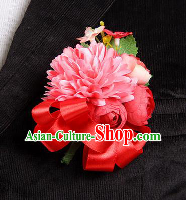 Top Grade Classical Wedding Red Ribbon Silk Flowers,Groom Emulational Corsage Groomsman Brooch Flowers for Men