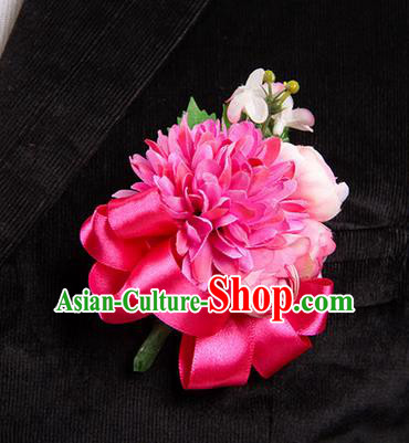 Top Grade Classical Wedding Rosy Ribbon Silk Flowers,Groom Emulational Corsage Groomsman Brooch Flowers for Men
