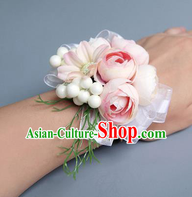 Top Grade Classical Wedding Light Pink Silk Flowers, Bride Emulational Wrist Flowers Bridesmaid Bracelet Flowers for Women