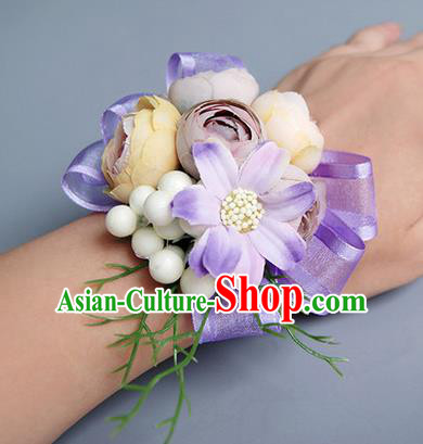 Top Grade Classical Wedding Lilac Silk Flowers, Bride Emulational Wrist Flowers Bridesmaid Bracelet Flowers for Women