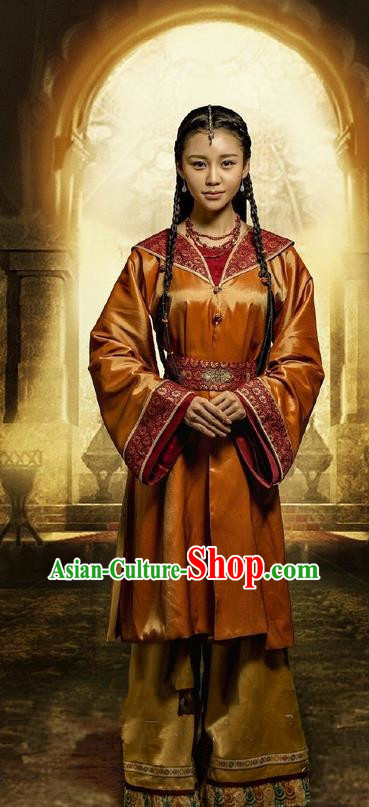 Traditional Ancient Chinese Minority Princess Costume and Handmade Headpiece Complete Set, Chinese Qin Dynasty Qiuci Countries Lady Embroidered Clothing