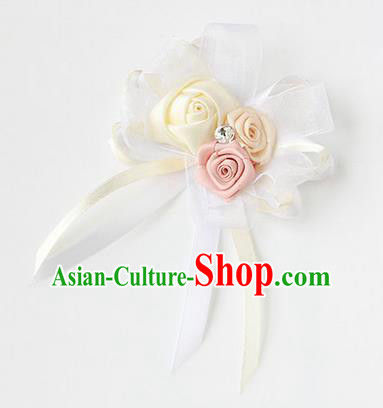 Top Grade Classical Wedding Ribbon Flowers, Bride Emulational Corsage Bridesmaid White Bowknot Brooch Flowers for Women