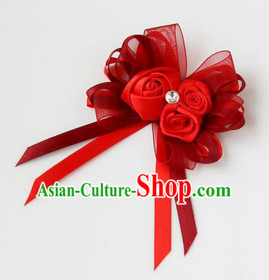 Top Grade Classical Wedding Ribbon Flowers, Bride Emulational Corsage Bridesmaid Red Bowknot Brooch Flowers for Women