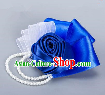 Top Grade Classical Wedding Royalblue Ribbon Flowers, Bride Emulational Crystal Wrist Flowers Bridesmaid Beads Bracelet Flowers for Women