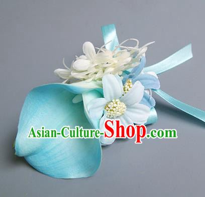 Top Grade Classical Wedding Blue Silk Common Callalily Flowers,Groom Emulational Corsage Groomsman Brooch Flowers for Men