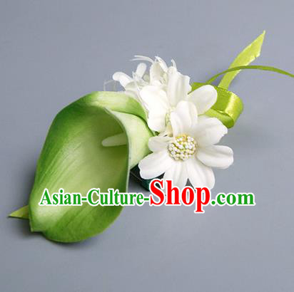 Top Grade Classical Wedding Green Silk Common Callalily Flowers,Groom Emulational Corsage Groomsman Brooch Flowers for Men