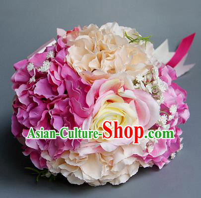 Top Grade Classical Wedding Silk Flowers, Bride Holding Emulational Pink Flowers, Hand Tied Bouquet Flowers for Women