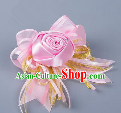 Top Grade Classical Wedding Pink Silk Rose Flowers, Bride Emulational Corsage Bridesmaid Bowknot Ribbon Brooch Flowers for Women