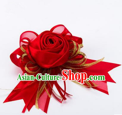 Top Grade Classical Wedding Red Silk Rose Flowers, Bride Emulational Corsage Bridesmaid Bowknot Ribbon Brooch Flowers for Women