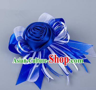 Top Grade Classical Wedding Royalblue Silk Rose Flowers, Bride Emulational Corsage Bridesmaid Bowknot Ribbon Brooch Flowers for Women
