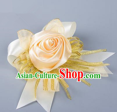 Top Grade Classical Wedding Champagne Silk Rose Flowers, Bride Emulational Corsage Bridesmaid Bowknot Ribbon Brooch Flowers for Women