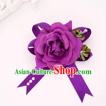 Top Grade Classical Wedding Purple Silk Flowers, Bride Emulational Corsage Bridesmaid Bowknot Ribbon Brooch Rose Flowers for Women