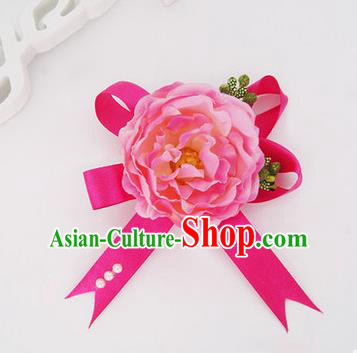 Top Grade Classical Wedding Pink Silk Flowers, Bride Emulational Corsage Bridesmaid Bowknot Ribbon Brooch Rose Flowers for Women