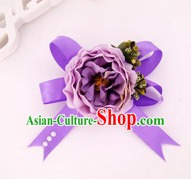Top Grade Classical Wedding Light Purple Silk Flowers, Bride Emulational Corsage Bridesmaid Bowknot Ribbon Brooch Rose Flowers for Women