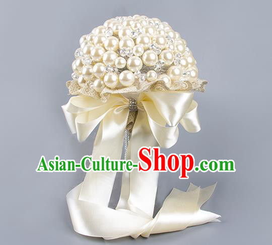Top Grade Classical Wedding Bride White Ribbon Holding Emulational Crystal Flowers Ball, Hand Tied Bouquet Pearls Flowers for Women