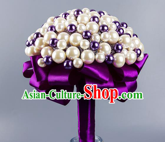 Top Grade Classical Wedding Bride Purple Ribbon Holding Emulational Crystal Flowers Ball, Hand Tied Bouquet Pearls Flowers for Women