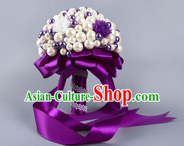 Top Grade Classical Wedding Bride Purple Flowers Holding Emulational Crystal Flowers Ball, Hand Tied Bouquet Pearls Flowers for Women