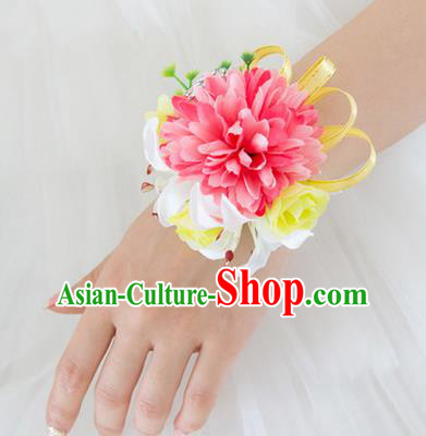 Top Grade Classical Wedding Silk Flowers, Bride Emulational Wrist Flowers Bridesmaid Bracelet Watermelon Red Flowers for Women