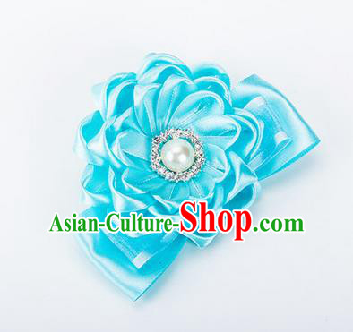 Top Grade Classical Wedding Blue Ribbon Silk Bangle Flowers, Bride Emulational Wrist Flowers Bridesmaid Bracelet Pearl Flowers for Women