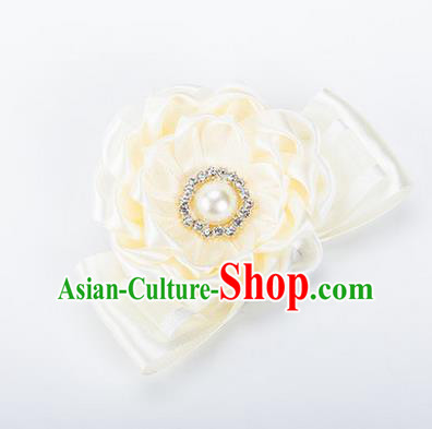 Top Grade Classical Wedding Beige Ribbon Silk Bangle Flowers, Bride Emulational Wrist Flowers Bridesmaid Bracelet Pearl Flowers for Women