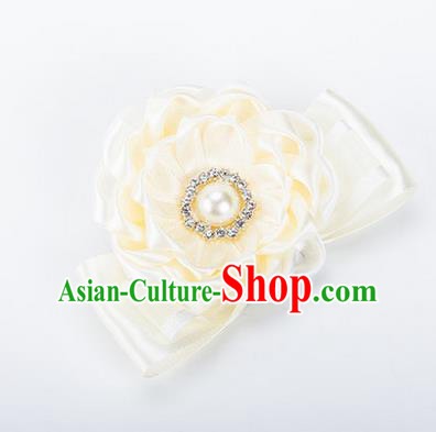 Top Grade Classical Wedding Beige Ribbon Silk Bangle Flowers, Bride Emulational Wrist Flowers Bridesmaid Bracelet Pearl Flowers for Women