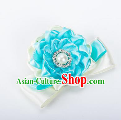 Top Grade Classical Wedding Blue Ribbon Silk Bangle Flowers, Bride Emulational Wrist Flowers Bridesmaid Bracelet Pearl Flowers for Women