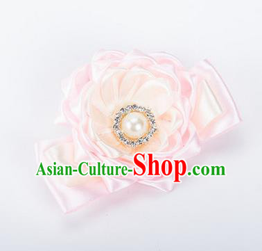 Top Grade Classical Wedding Light Pink Ribbon Silk Bangle Flowers, Bride Emulational Wrist Flowers Bridesmaid Bracelet Pearl Flowers for Women