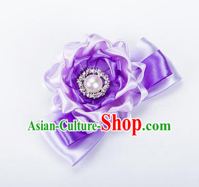 Top Grade Classical Wedding Lilac Ribbon Silk Bangle Flowers, Bride Emulational Wrist Flowers Bridesmaid Bracelet Pearl Flowers for Women