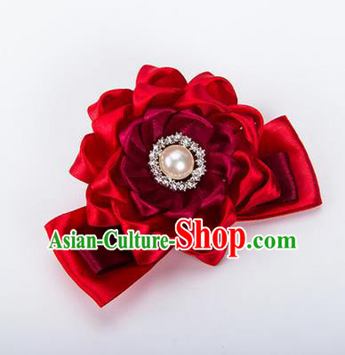 Top Grade Classical Wedding Wine Red Ribbon Silk Bangle Flowers, Bride Emulational Wrist Flowers Bridesmaid Bracelet Pearl Flowers for Women