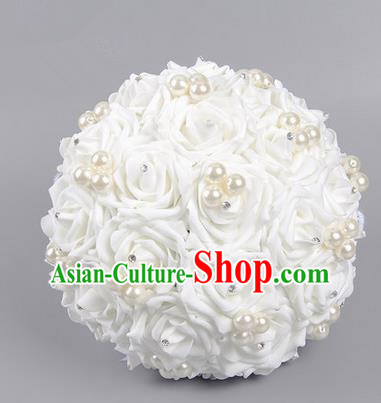 Top Grade Classical Wedding White Silk Rose Flowers, Bride Holding Emulational Flowers, Hand Tied Bouquet Pearl Flowers for Women