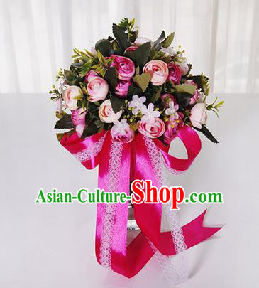 Top Grade Classical Wedding Rosy Ribbon Silk Flowers, Bride Holding Emulational Flowers, Hand Tied Bouquet Flowers for Women