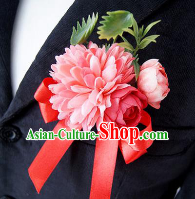 Top Grade Classical Wedding Silk Flowers,Groom Emulational Corsage Groomsman Red Ribbon Brooch Flowers for Men