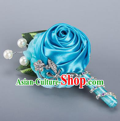 Top Grade Classical Wedding Crystal Silk Flowers,Groom Emulational Corsage Groomsman Blue Ribbon Pearl Brooch Flowers for Men