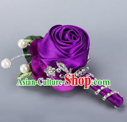 Top Grade Classical Wedding Crystal Silk Flowers,Groom Emulational Corsage Groomsman Purple Ribbon Pearl Brooch Flowers for Men