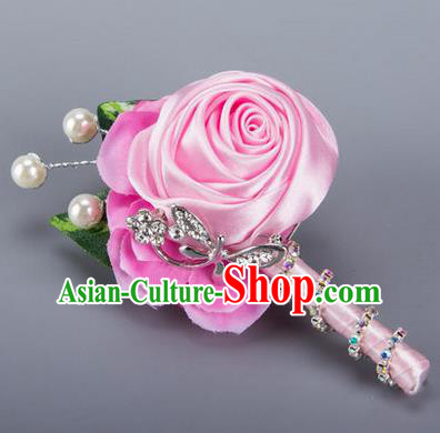 Top Grade Classical Wedding Crystal Silk Flowers,Groom Emulational Corsage Groomsman Pink Ribbon Pearl Brooch Flowers for Men