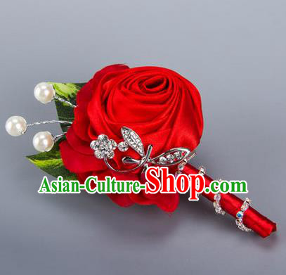 Top Grade Classical Wedding Crystal Silk Flowers,Groom Emulational Corsage Groomsman Red Ribbon Pearl Brooch Flowers for Men