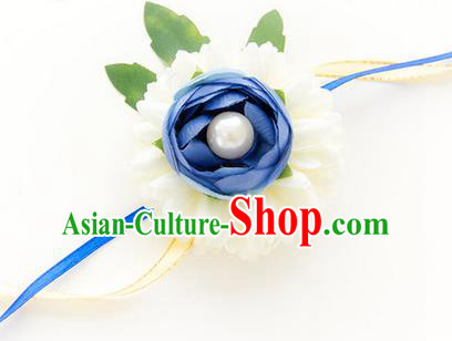 Top Grade Classical Wedding White and Blue Silk Flowers, Bride Emulational Wrist Flowers Bridesmaid Pearl Bracelet Flowers for Women