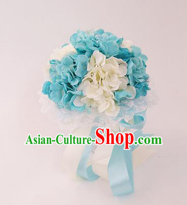 Top Grade Classical Wedding Silk Flowers, Bride Holding Emulational White and Blue Flowers Ball, Hand Tied Bouquet Flowers for Women