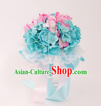 Top Grade Classical Wedding Silk Flowers, Bride Holding Emulational Pink and Blue Flowers Ball, Hand Tied Bouquet Flowers for Women