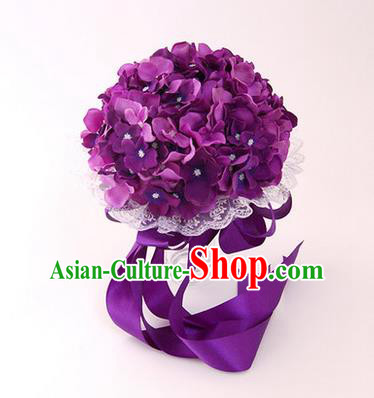 Top Grade Classical Wedding Silk Flowers, Bride Holding Emulational Purple Flowers Ball, Hand Tied Bouquet Flowers for Women