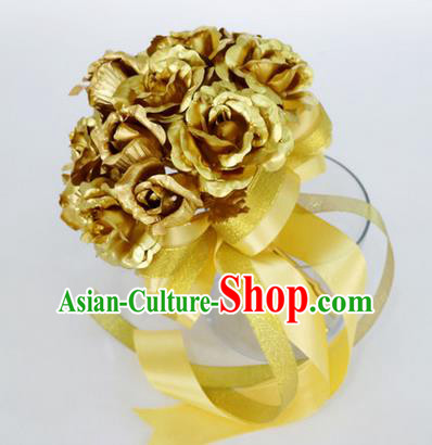 Top Grade Classical Wedding Golden Rose Flower Brooch, Bride Emulational Corsage Bridesmaid Brooch Flowers for Women