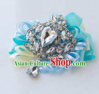 Top Grade Classical Wedding Light Blue Ribbon Corsage Brooch, Bride Emulational Corsage Bridemaid Crystal Brooch Flowers for Women