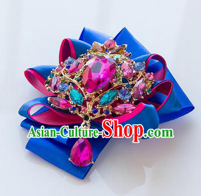 Top Grade Classical Wedding Royalblue Ribbon Corsage Brooch, Bride Emulational Corsage Bridemaid Crystal Brooch Flowers for Women