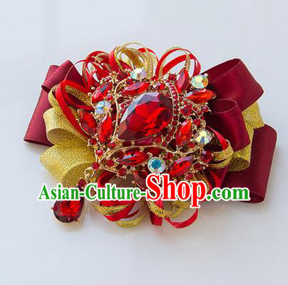 Top Grade Classical Wedding Red Ribbon Corsage Brooch, Bride Emulational Corsage Bridemaid Crystal Brooch Flowers for Women