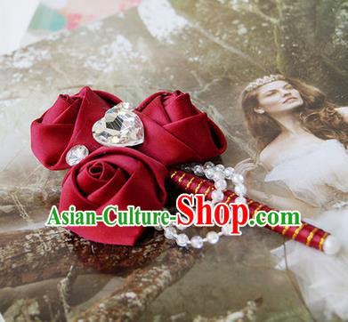 Top Grade Classical Wedding Wine Red Ribbon Flowers Brooch,Groom Emulational Corsage Groomsman Crystal Brooch Flowers for Men