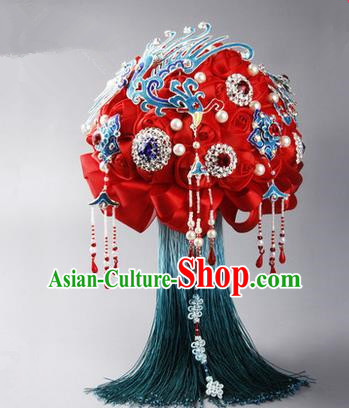 Top Grade Classical China Wedding Peking Opera Red Silk Flowers, Bride Holding Crystal Emulational Phoenix Flowers Ball, Tassel Hand Tied Bouquet Flowers for Women