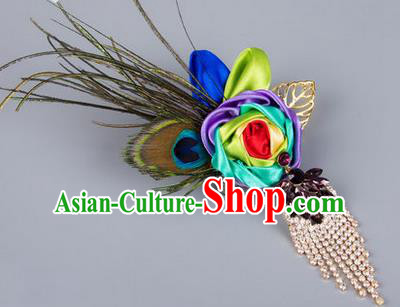 Top Grade Classical Wedding Peacock Feather Brooch, Bride Emulational Corsage Bridesmaid Crystal Tassel Brooch Flowers for Women