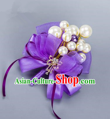 Top Grade Classical Wedding Purple Ribbon Brooch, Bride Emulational Corsage Bridesmaid Pearl Brooch Flowers for Women