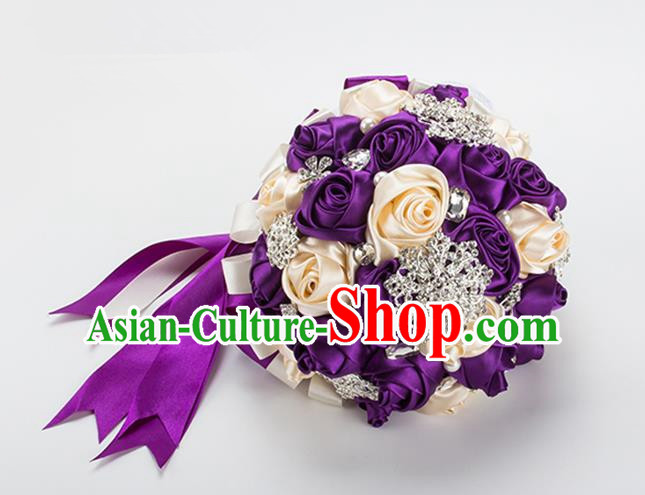 Top Grade Classical China Wedding Extravagant Chinese Knot Purple Rose Flowers Nosegay, Bride Holding Luxury Crystal Flowers Ball Hand Tied Bouquet Flowers for Women