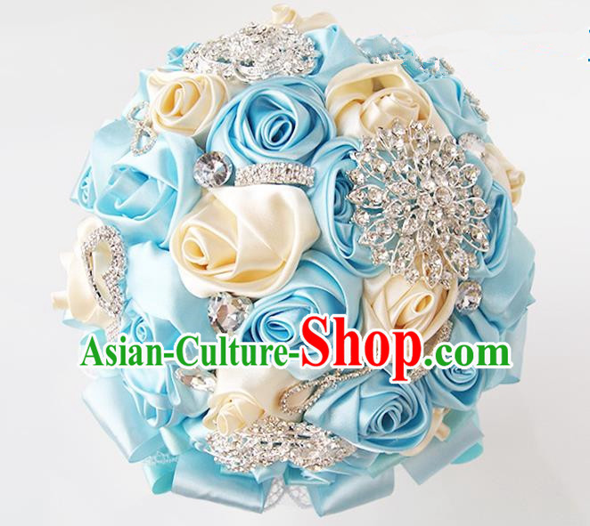 Top Grade Classical Wedding Blue Ribbon Corsage Brooch, Bride Emulational Corsage Bridemaid Brooch Flowers for Women